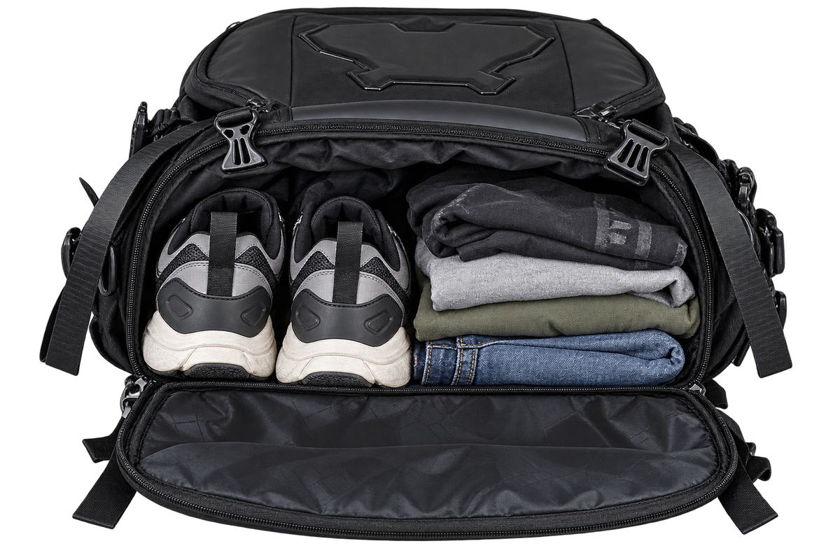 Stealth One opened and packed with shoes and clothes