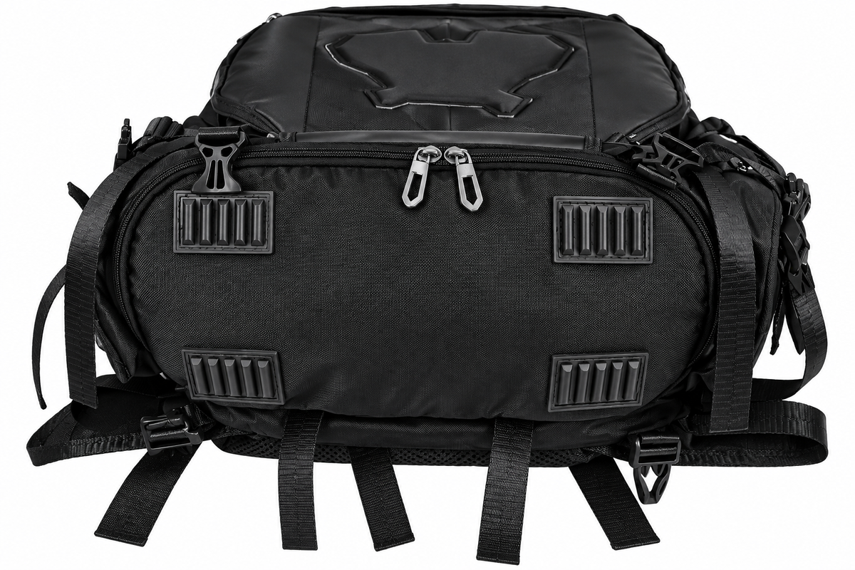 Close-up of Stealth One rugged black fabric and stitching